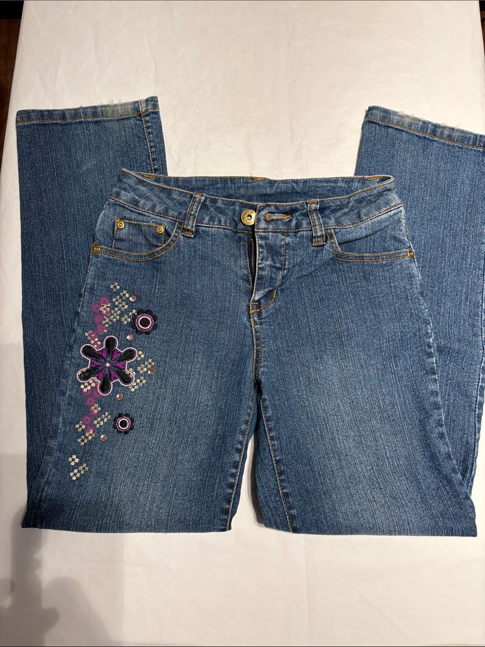 EUC Sz 12 Blue Denim Bootcut Jeans with Purple Floral Embroidery